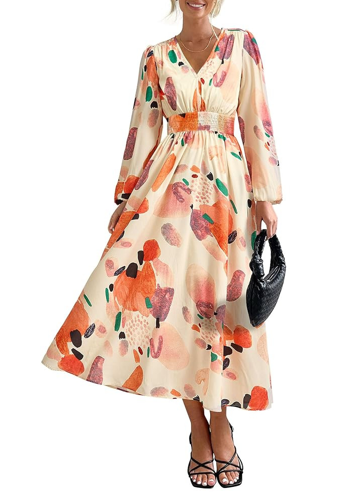 PRETTYGARDEN Women's Floral Midi Dress Casual Fall V Neck Long Sleeve Flowy Spring Beach Wedding ... | Amazon (US)
