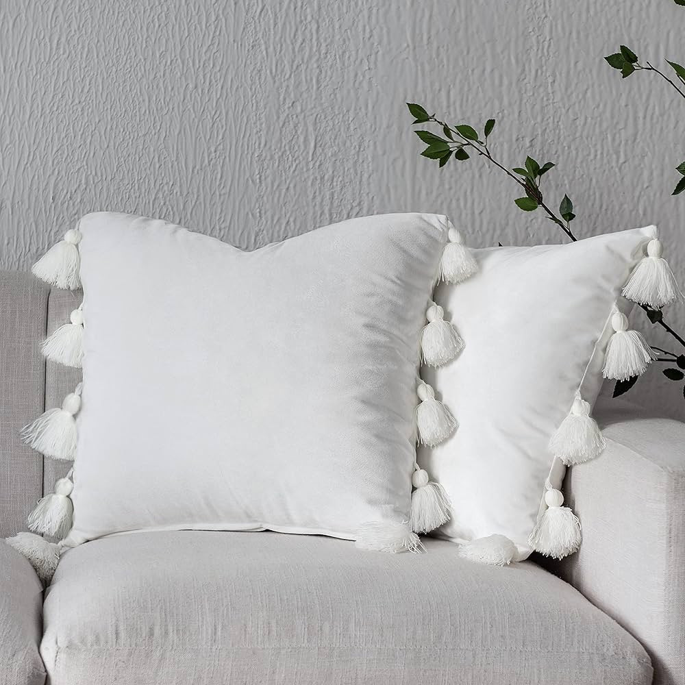 DriftAway Velvet Pillow Covers 18x18 Inch Cream White Christmas Boho Tassel Pillow Covers for Bed... | Amazon (US)