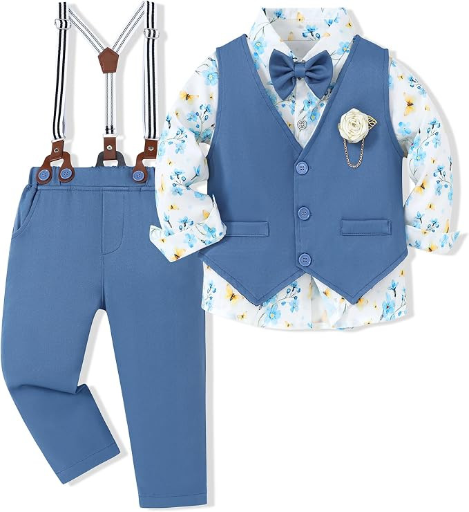 WESIDOM Toddler Boy Clothes Suit Formal Dress Shirt+Bowtie+Vest+Boutonniere+Suspender Pants Boys ... | Amazon (US)