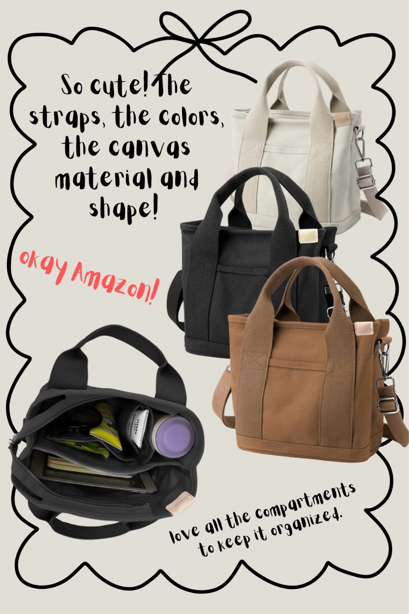 LOVING!!! Amazon find for the canvas bag girlies. Love the strap detail and the compartments. Especially love where I can fit my Owala water bottle so it does move around in my bag! They come in small and large. I grabbed them in small

#LTKStyleTip #LTKActive #LTKGiftGuide