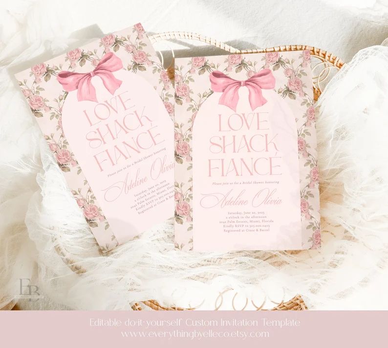 Love Shack Fiance Invitation, Editable Vintage Pink Bow Bridal Shower, Rose Floral Shabby Chic Br... | Etsy (US)