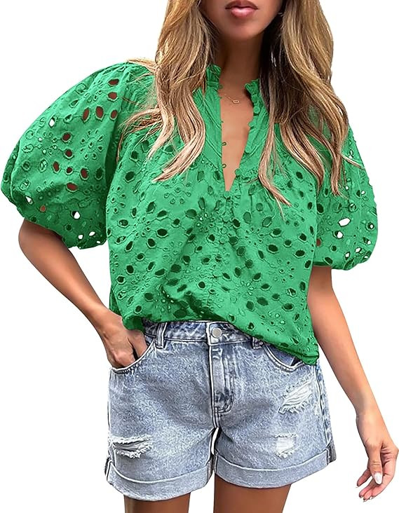 PRETTYGARDEN Women's Summer Tops 2026 Dressy Casual Short Sleeve V Neck Buttons Hollow Eyelet Lac... | Amazon (US)