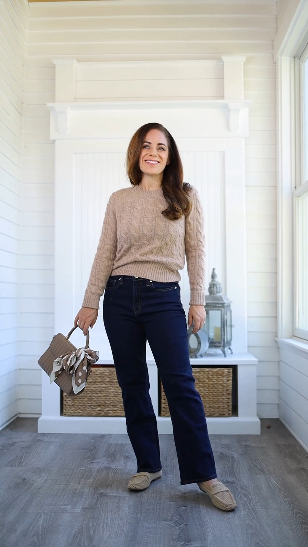 Fall favorites: A petite perfect shrunken cashmere cable crewneck + dark wash denim + classic loafers = easy elegance. Cannot get over how soft this sweater is! Wearing the XS the sweater and a 25 short in the $50 Bella Stretch Straight. The wash is “deep rinse” - I’m 4’11 for sizing reference.