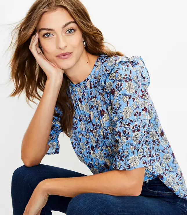 Petite Shimmer Floral Pintucked Puff Sleeve Top | LOFT