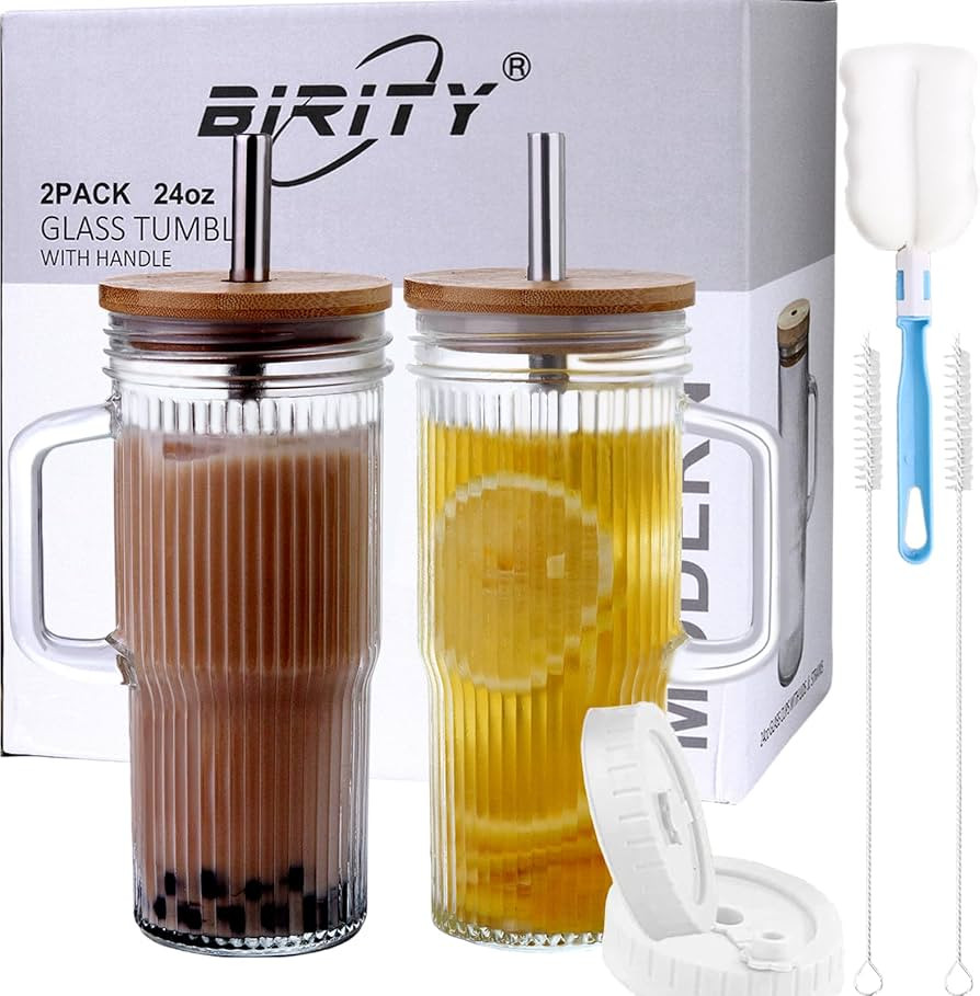 Birity 24oz Ribbed Glass Cup with Lids and Straws,2Pack Glass Tumbler with Handle,Reusable iced C... | Amazon (US)