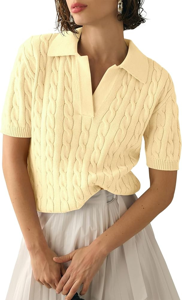 Imily Bela Women's Cable Short Sleeve Sweaters Tops Solid Lapel V Neck Knit Casual Soft Pullover ... | Amazon (US)