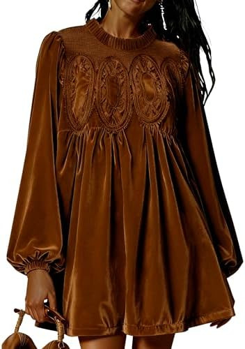 Huaqiao Womens A-Line Velvet Lace Overall Pleated Babydoll Mini Dress Casual Scallop Neck Flared ... | Amazon (US)