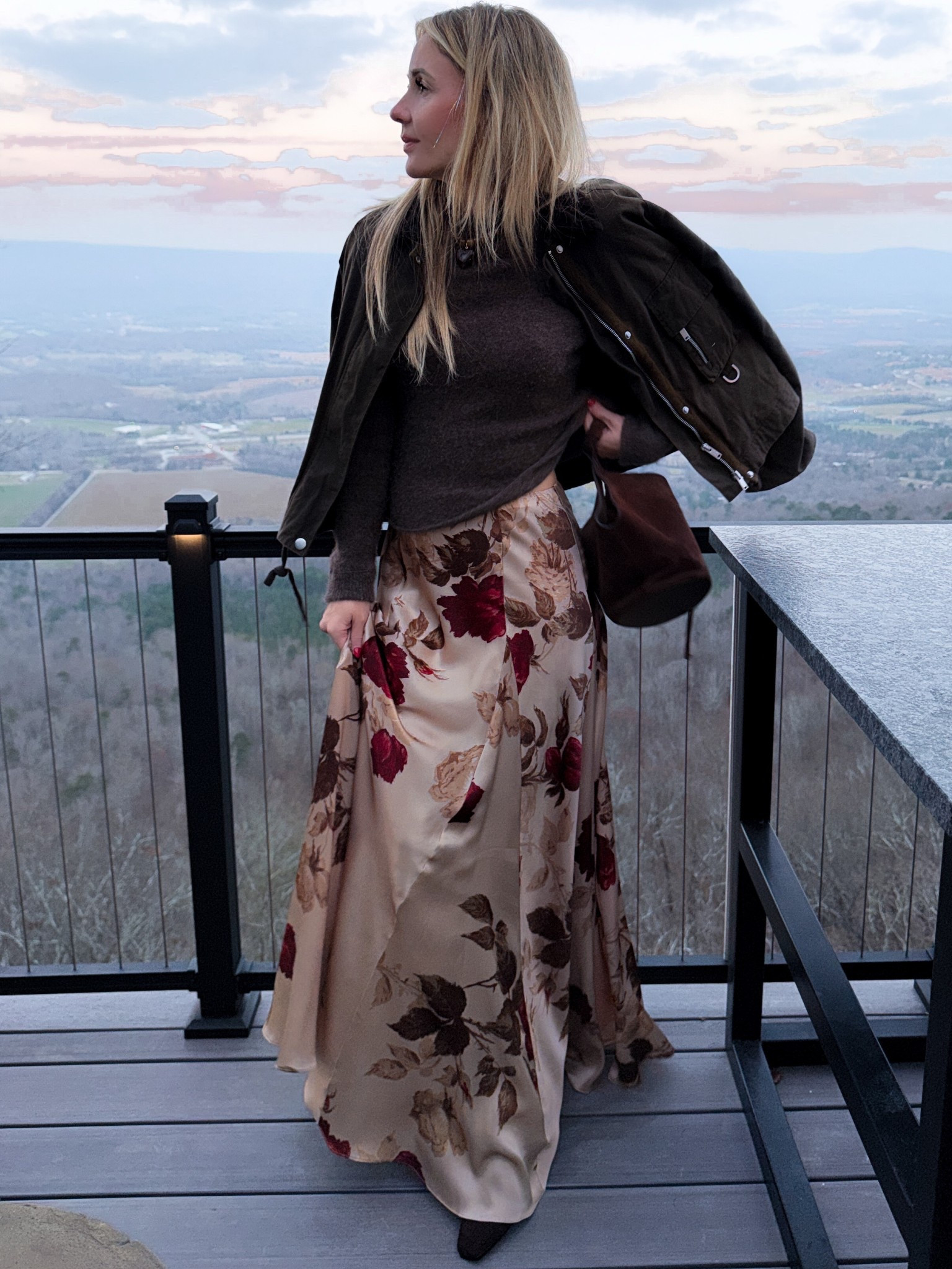 Silk floral skirt with a cashmere sweater and the perfect brown boot  

#LTKHoliday #LTKOver40 #LTKootd