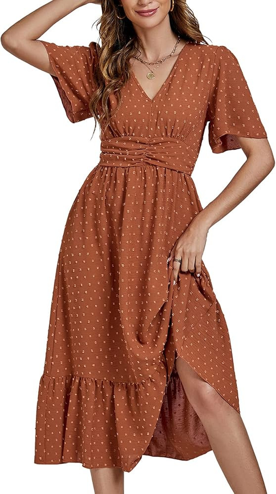 LYANER Women Boho Maxi Dress Long Sleeve V Neck Swiss Dot High Waited A-Line Ruffle Tiered Chiffo... | Amazon (US)