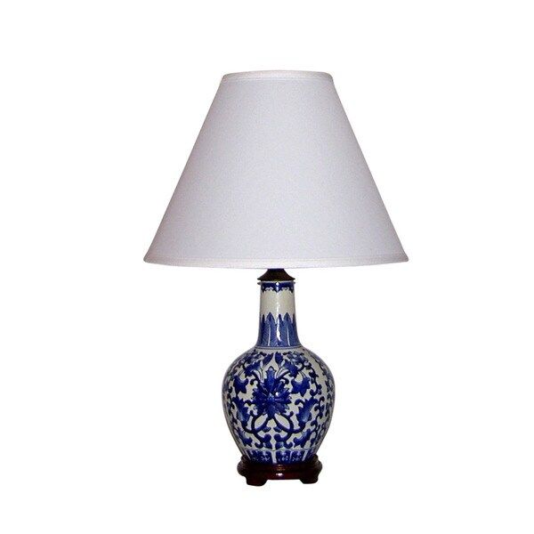 Crown Lighting Traditional 1-light Blue and White Traditional Birds and Flowers Plum Shaped Table Lamp | Bed Bath & Beyond