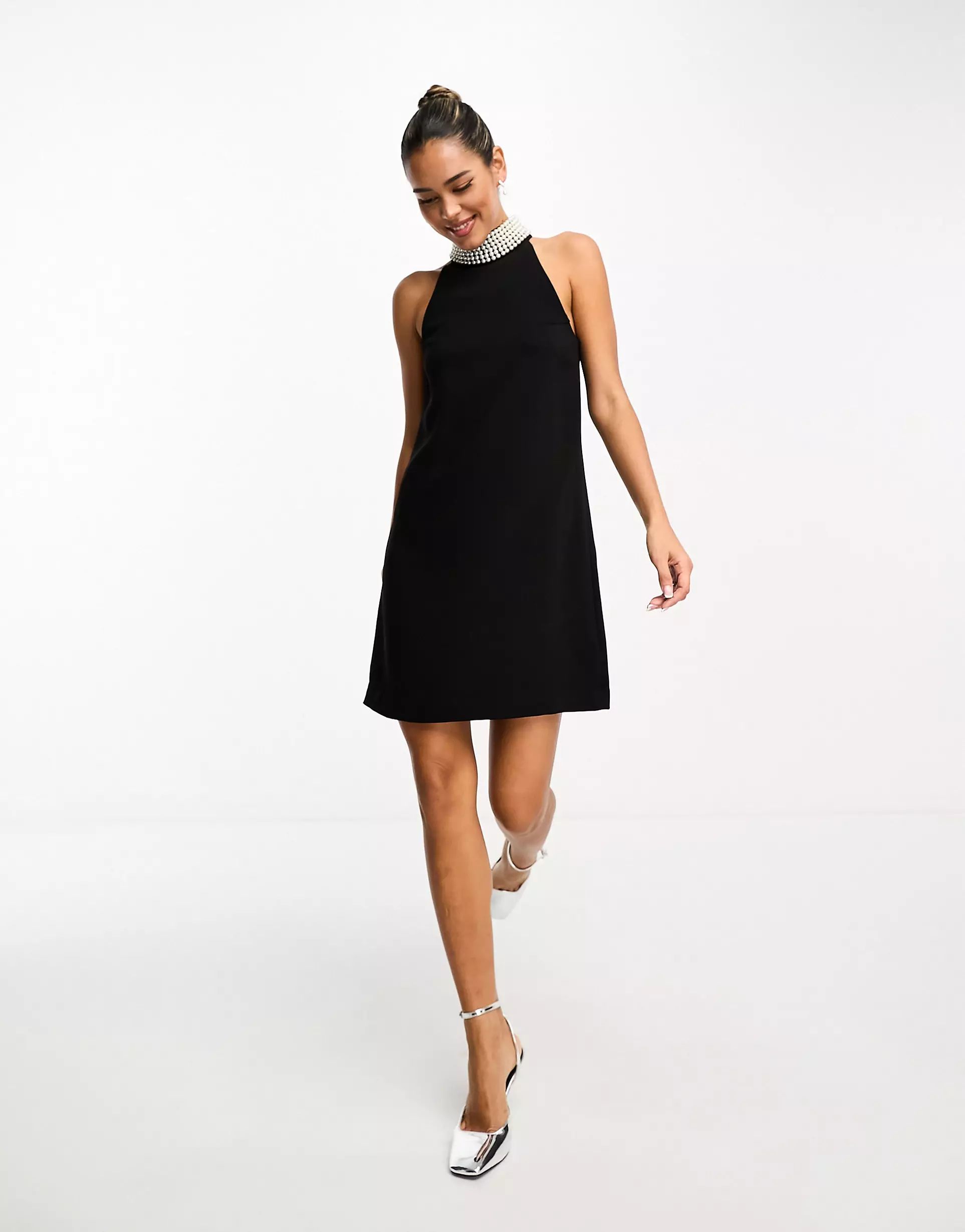 & Other Stories sleeveless mini dress with faux pearl embellished neckline in black | ASOS (Global)