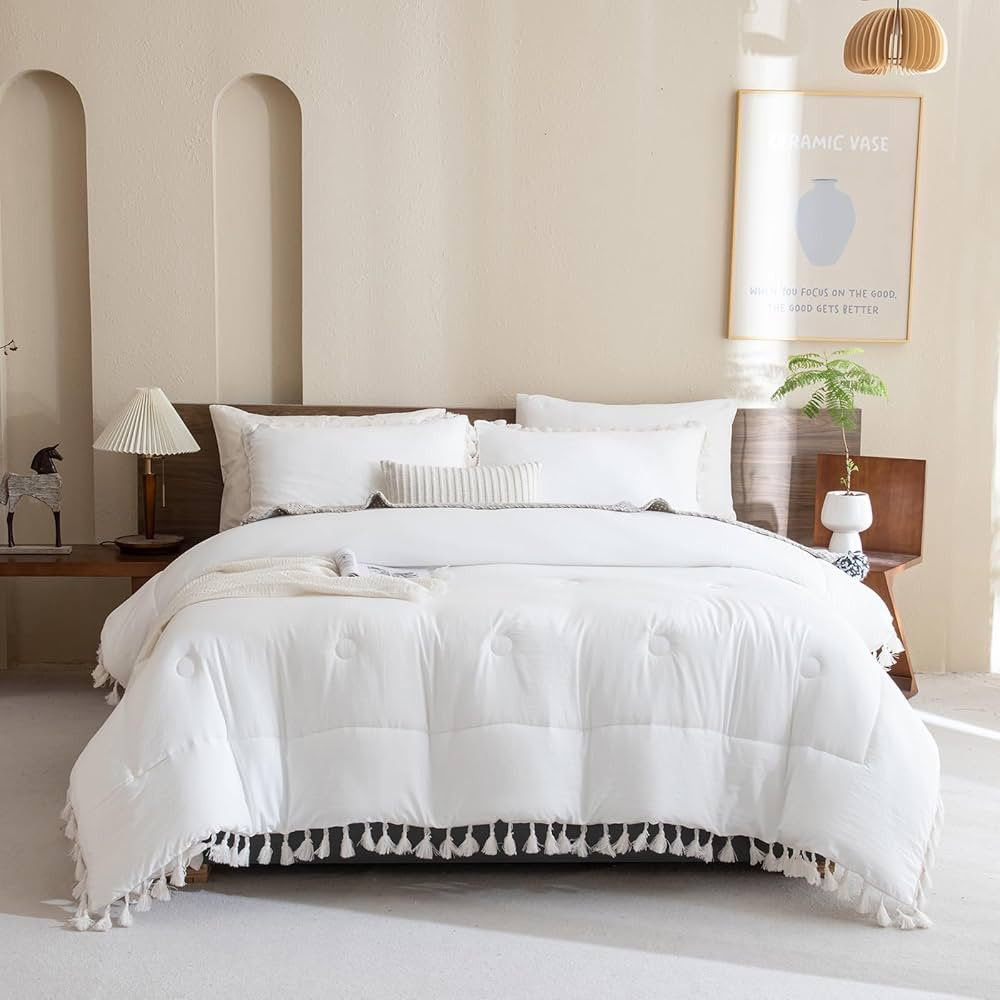 White Bedding Comforter Set Boho Comforter White Tassel Fringe Design Shabby Chic Comforter Farmh... | Amazon (CA)