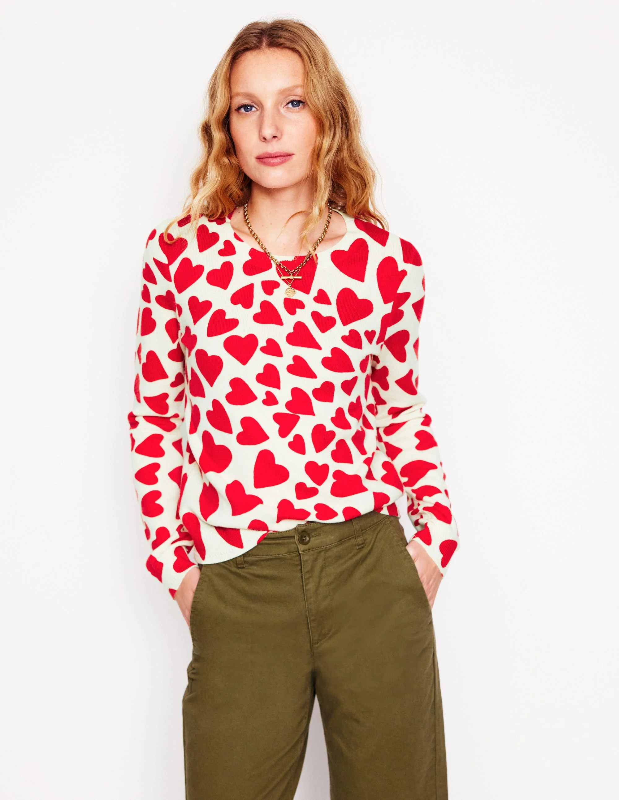 Eva Cashmere Crew Neck Jumper-Ivory, Heart Cluster | Boden (US)