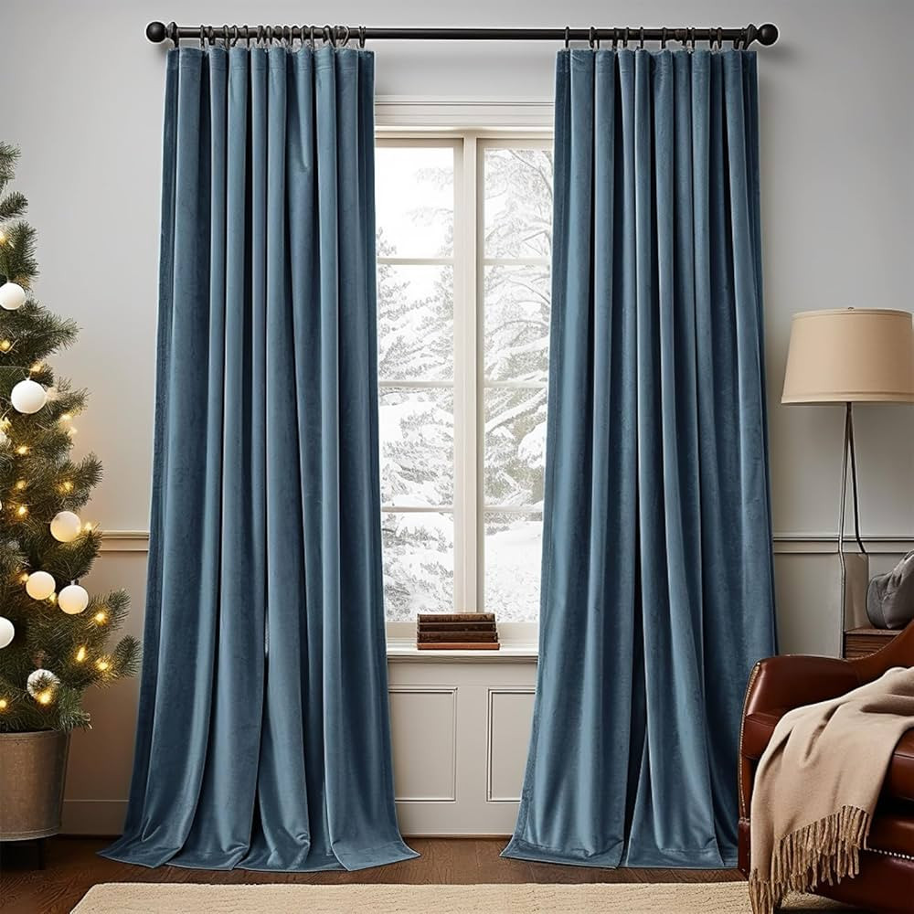 Lazzzy Velvet Blackout Curtains Blue Thermal Insulated Curtains 96 Inch Long Room Darkening Heavy... | Amazon (US)