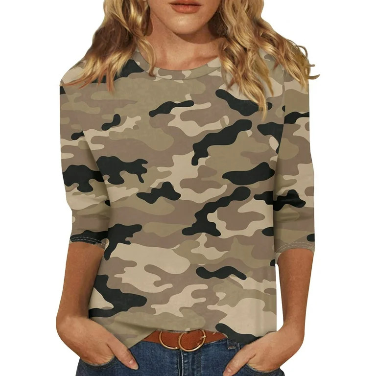 SAATLERI 3/4 Length Sleeve Womens Tops 2025 Summer Print Round Neck Camo Shirts Loose Fit Casual ... | Walmart (US)