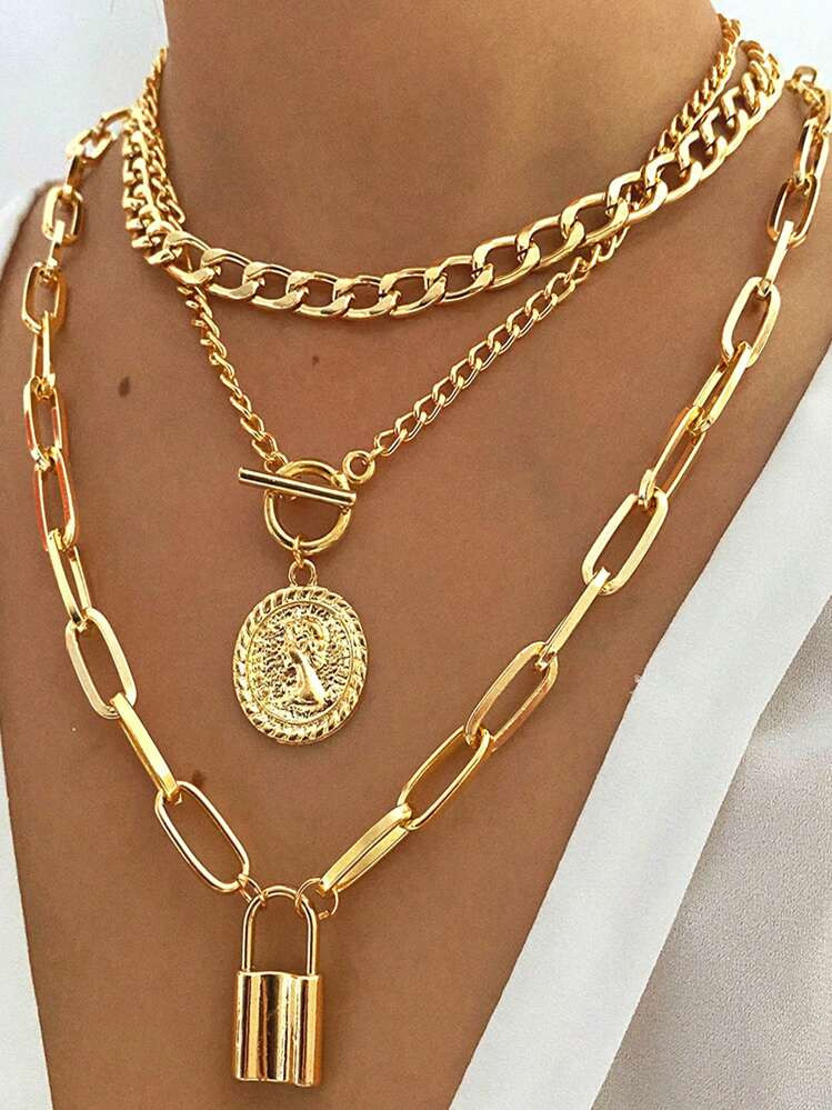 3pcs/Set Multi-Layer Coin & Padlock Pendant Necklace For Women Ot Clasp Thick Chain Necklace | SHEIN