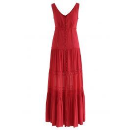 Crochet Trims Panelled Button Down Sleeveless Maxi Dress in Red | Chicwish