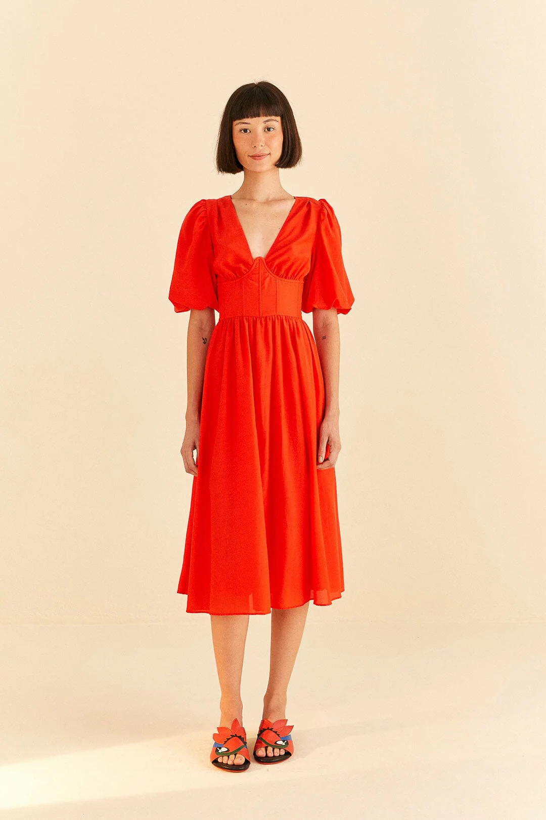 Red Short Sleeves Midi Dress | FarmRio (US)