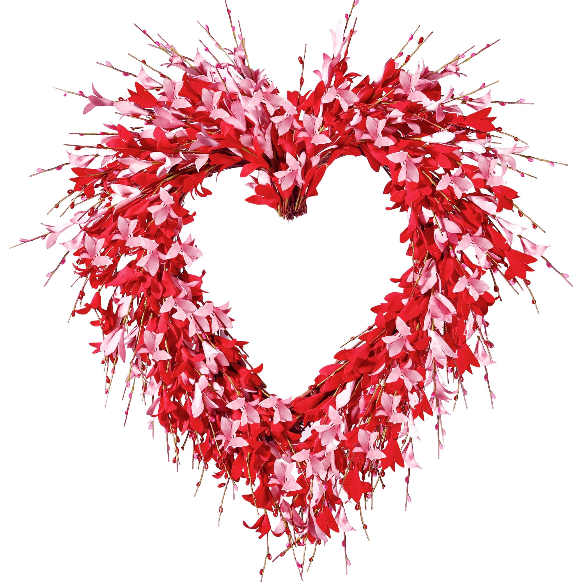 Sggvecsy 19in Heart Shaped Valentine's Day Wreath, Pink & Red Foam Forsythia Flowers, Grapevine B... | Amazon (US)