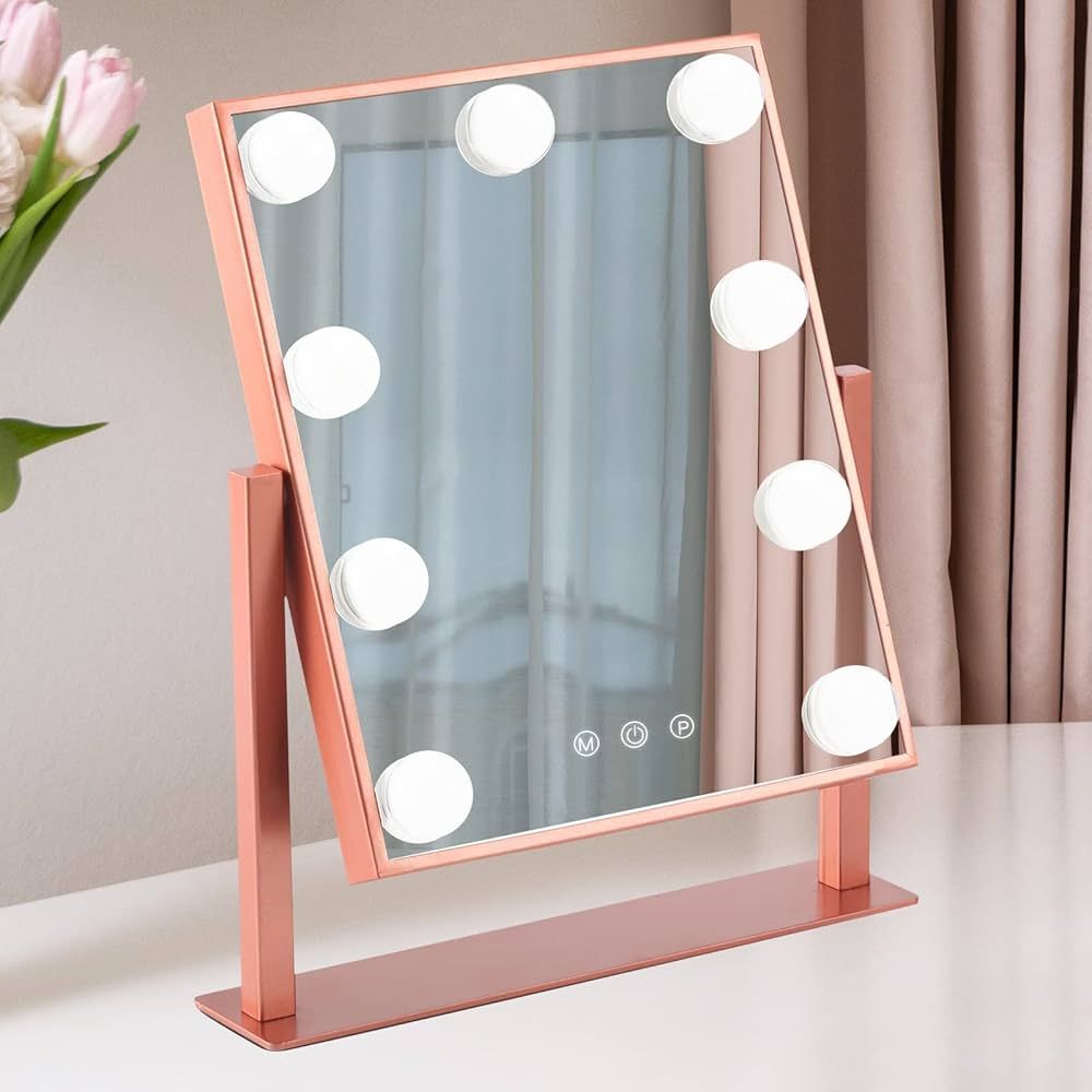 Makeup Mirror with Lights, Hollywood Mirror Lighted Vanity Mirror with 9 LED Bulbs, Touch Control... | Amazon (US)