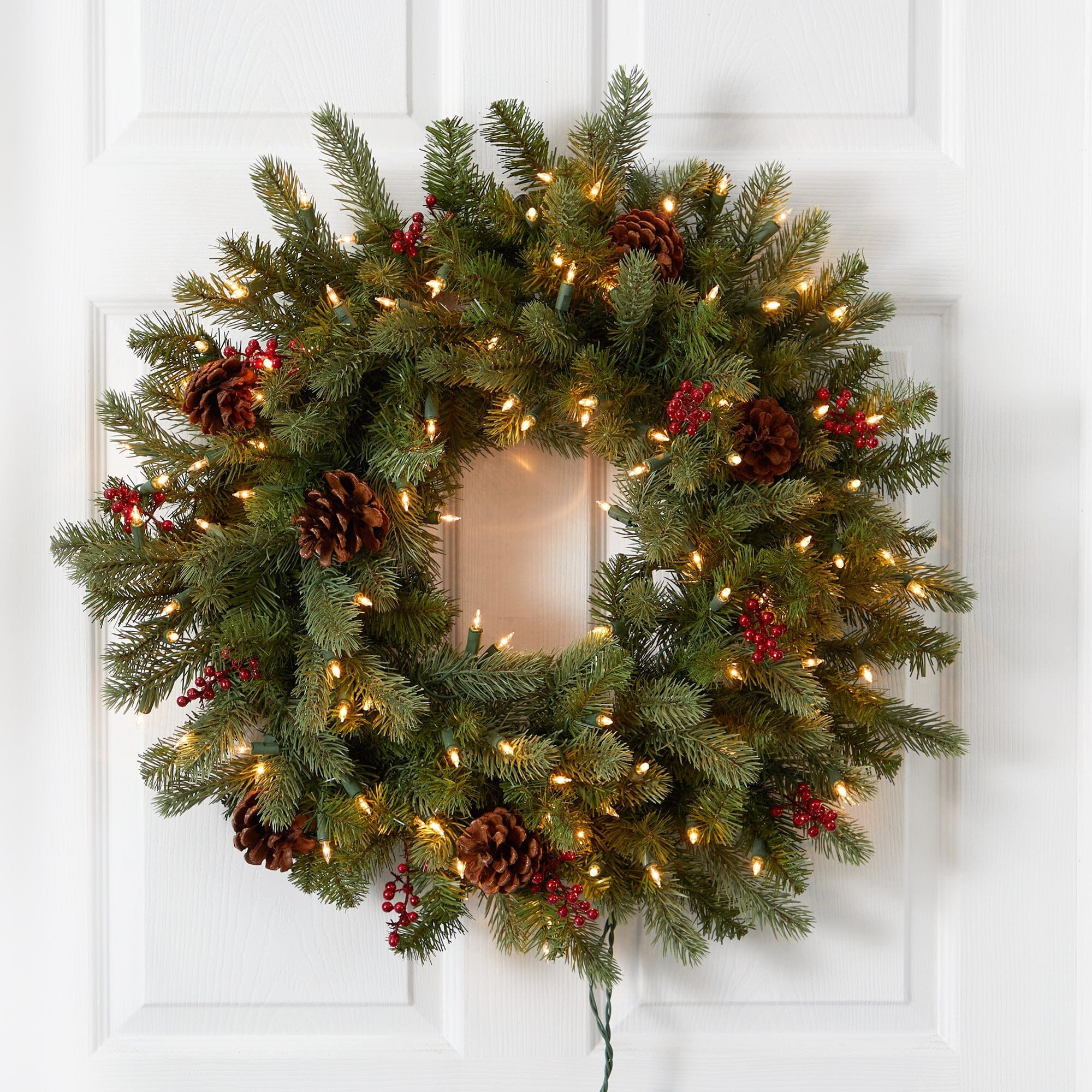 30” Lighted Pine Wreath w/Berries & Pine Cones | Nearly Natural | Nearly Natural