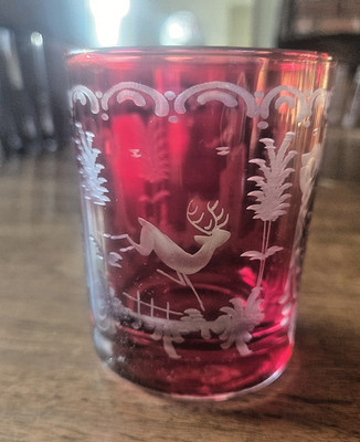 Ruby Red Etched Glass Tumbler Vase Candle Holder Deer Church  Holiday Bohemian | eBay US