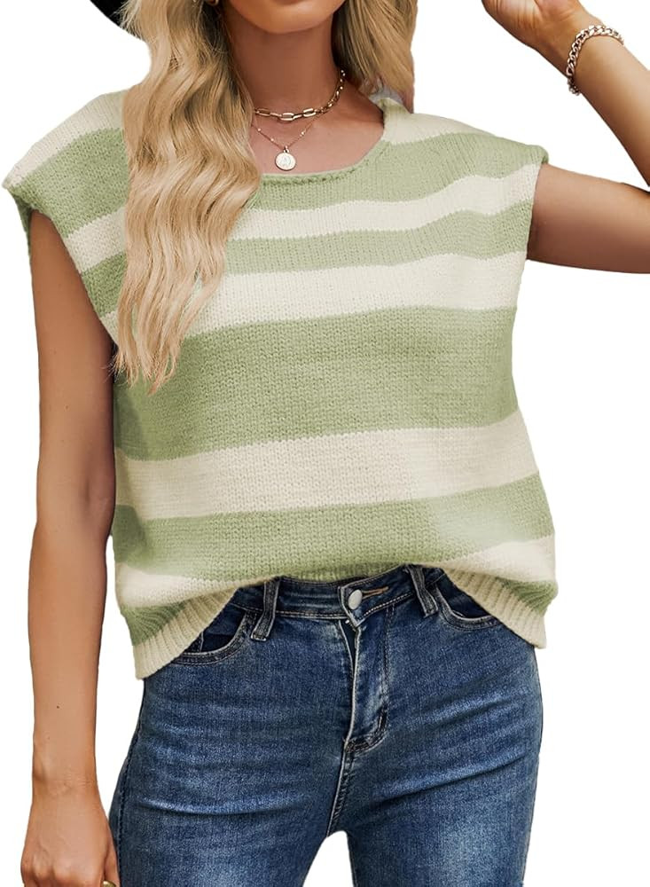 IDEALSANXUN Women's Knit Sweater Vest Casual Trendy Loose Fit Sleeveless Crew Neck Striped Ribbed... | Amazon (US)