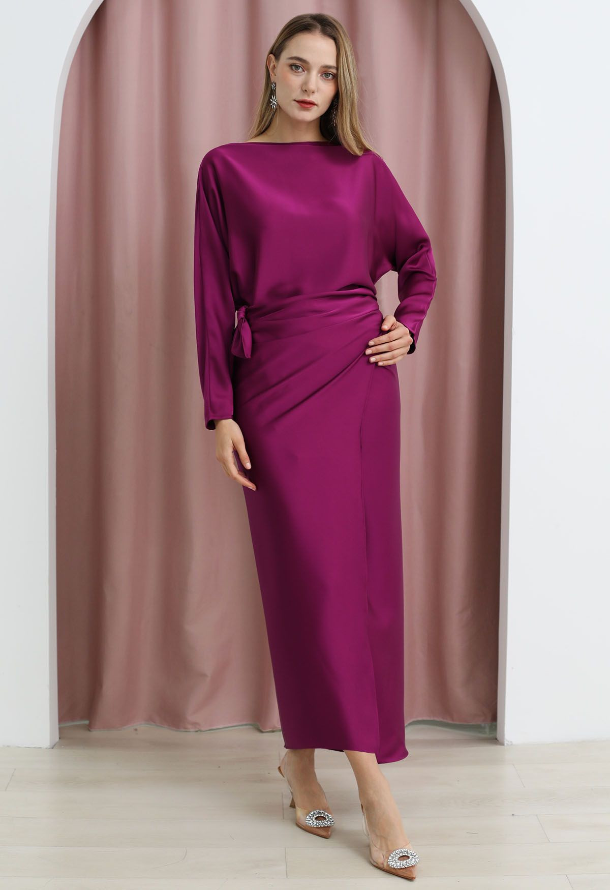 Satin Boat Neck Wrapped Waist Maxi Dress in Magenta | Chicwish