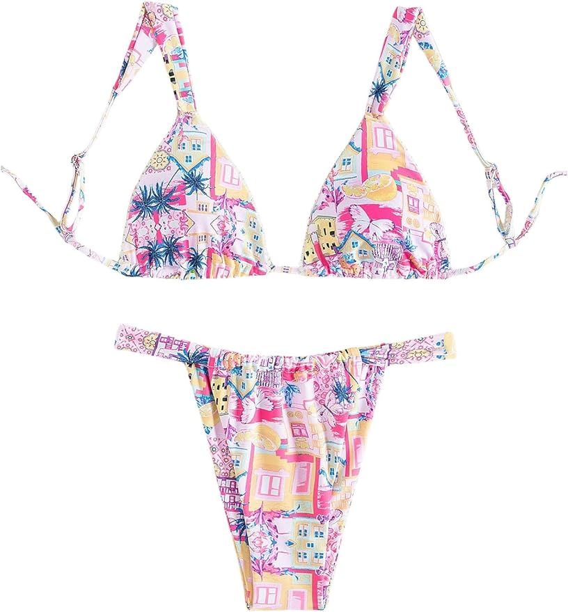 Women's High Waisted Bikini Set Floral Print Spaghetti Strap Smocked Wireless Bathing Suit Swimsu... | Amazon (US)