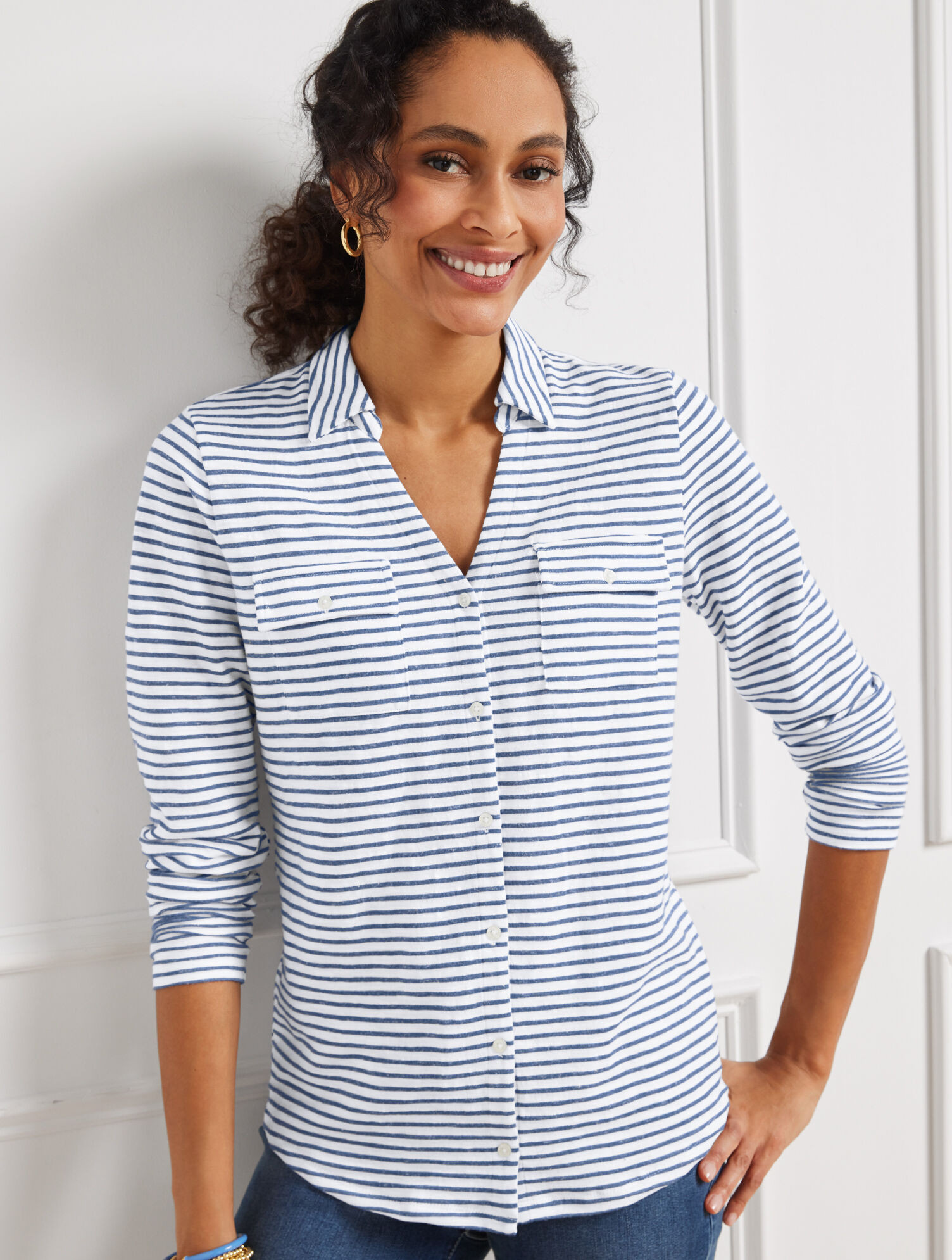 Knit Button Front Shirt - Crocus Stripe | Talbots