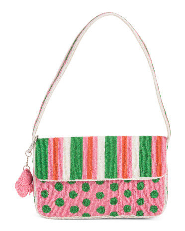 Beaded Striped Contrast Chic Flap Shoulder Bag for Women | Leather | Marshalls