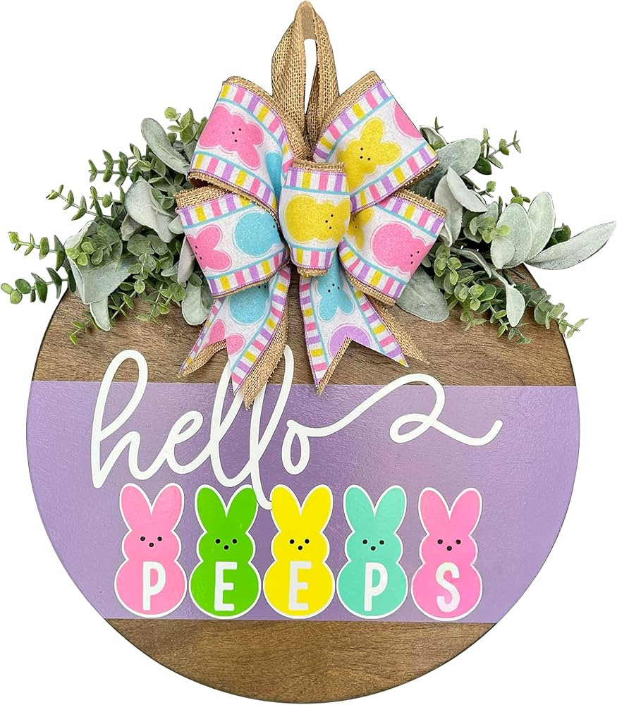 Easter Wreaths for Front Door, Easter Bunny Peeps Welcome Door Wood Hanger Wreath Sign Home Rusti... | Amazon (US)