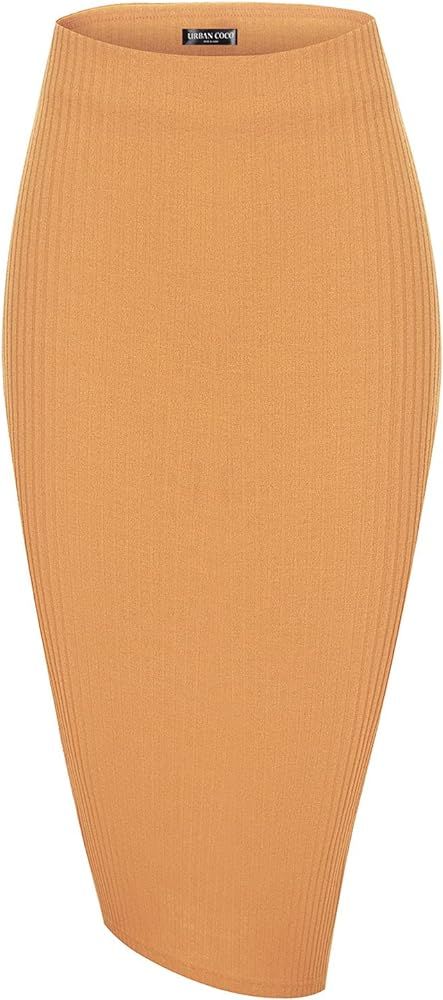 Urban CoCo Elastic High Waist Knee Length Pencil Skirt Ribbed Knit Basic Tube Midi Skirt | Amazon (US)