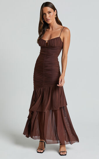 Harlene Maxi Dress- Ruched Mesh Frill Hem Dress in Chocolate | Showpo (US, UK & Europe)
