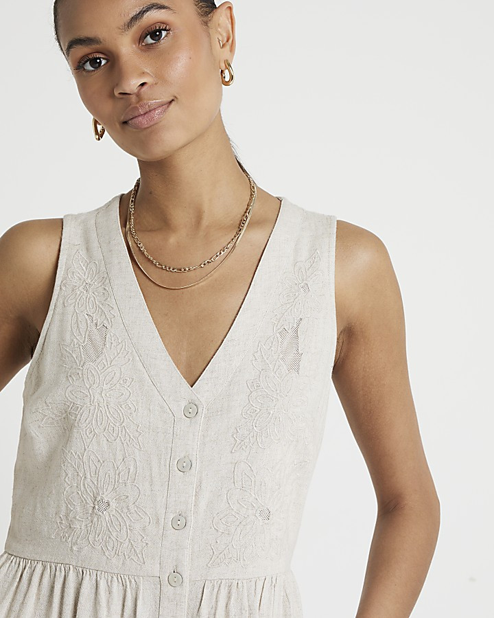 Beige embroidered skater midi dress | River Island (UK & IE)