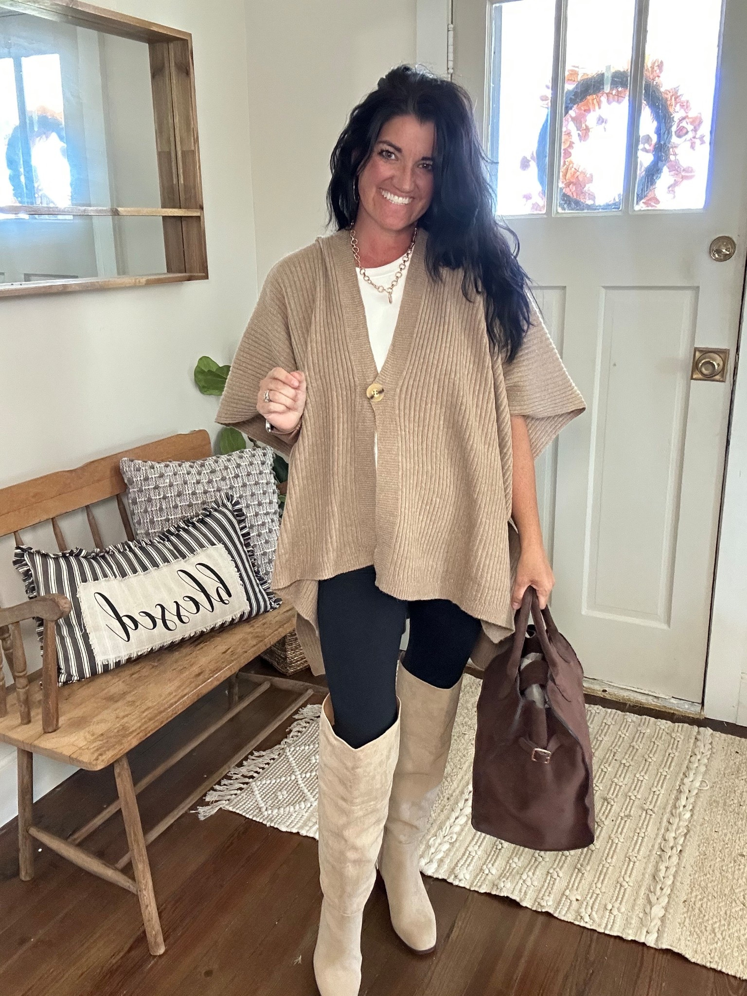 The perfect fall outfit! 😍 
Shawl - one size 
White tee - medium
Leggings - small
Boots - 8 TTS

#LTKSeasonal #LTKFindsUnder50 #LTKStyleTip