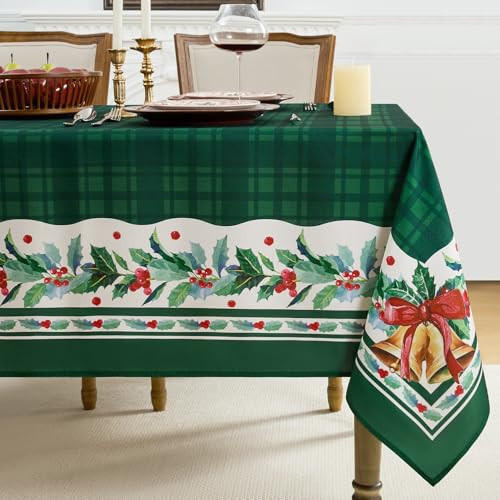 Romanstile Christmas Checkered Rectangle Tablecloth, Winter Holly Bell Table Cloth, Green Buffalo Plaid Xmas Table Cover for Dining, Party, Holiday Decor - 60 x 120 Inch | Amazon (US)