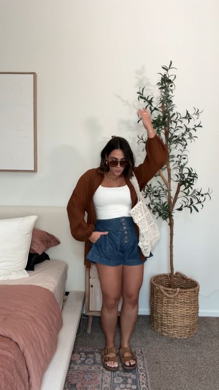 Thick thigh and mom approved shorts! My size medium (runs big if in between go down) top size M, brown shirt L (part of set) undies code ninaxspanx 

#LTKmidsize #LTKitbag #LTKstyletip