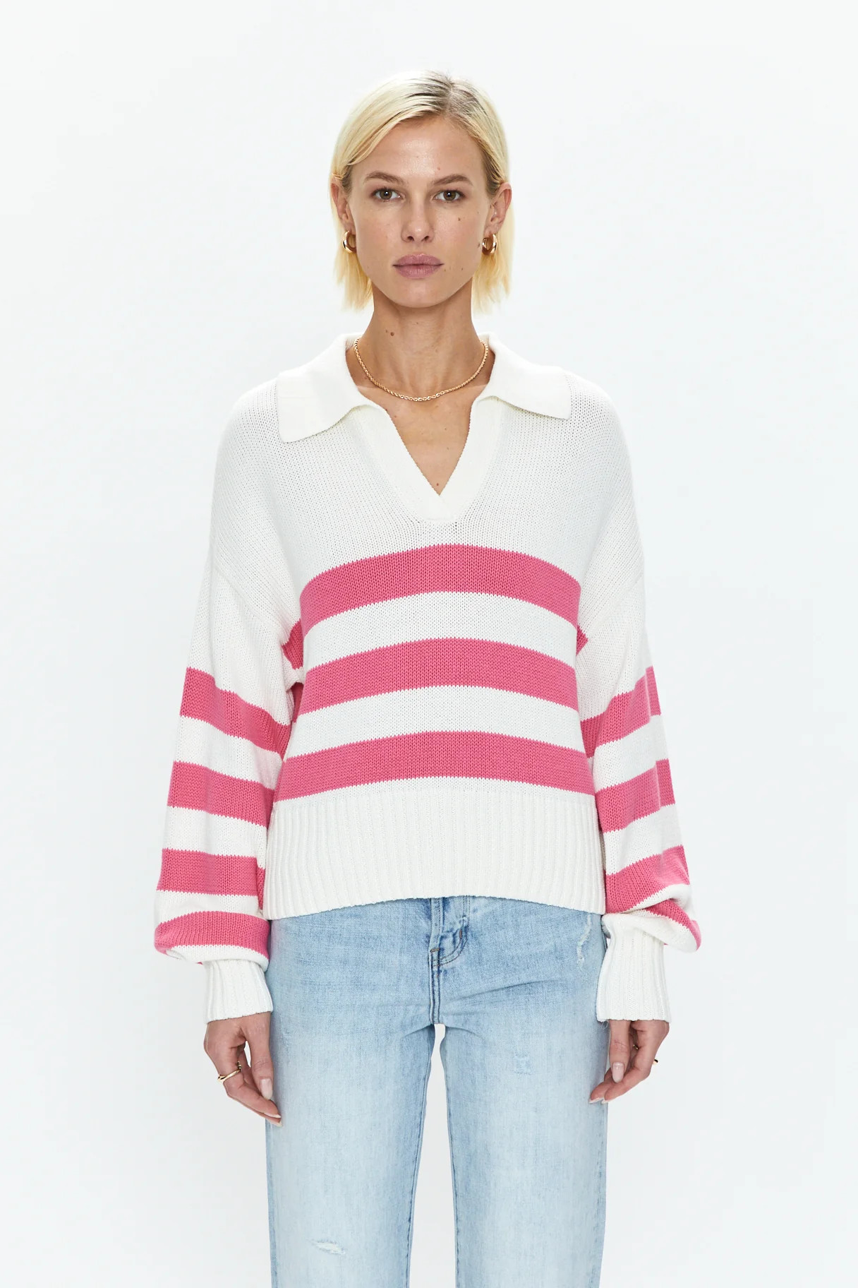 Arlo Polo Sweater - Flamingo White Stripe (FLAMNGO WHITE STRIPE / M) | Pistola Denim