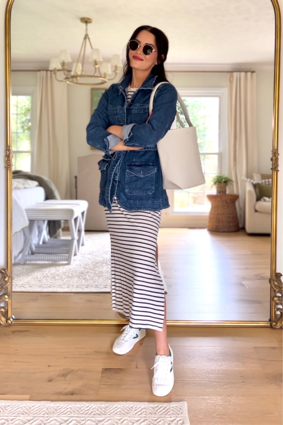 Easy spring outfit ideas / denim jacket / striped midi dress / Tretorn sneakers / the row ivory tote

#LTKSeasonal