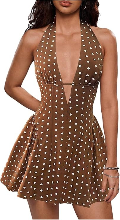 Floerns Women's Cute Vacation Vintage Polka Dots Deep V Neck Halter Dress Ruffle Backless Sleevel... | Amazon (US)