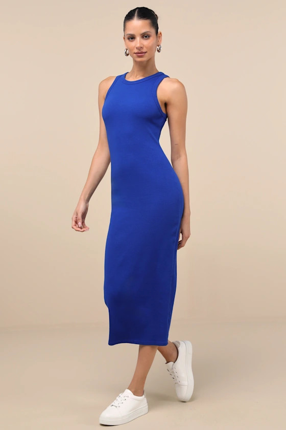Majorly Trendy Cobalt Blue Ribbed Bodycon Midi Dress | Lulus