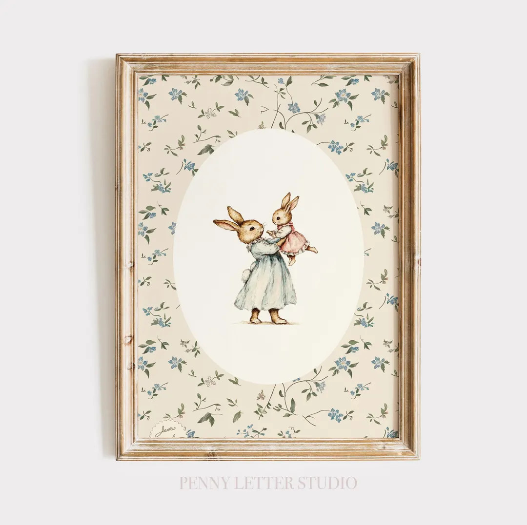 Vintage Rabbit Mother and Baby Yellow Floral Print: Sunny Bunny Nursery Art - Etsy | Etsy (US)