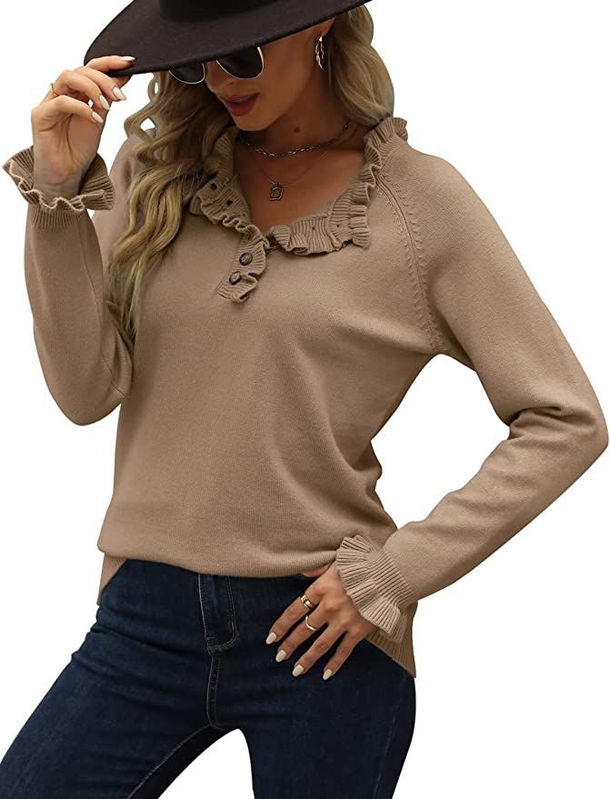 Womens Long Sleeve Sweaters Ruffle Knit Dressy Tops Crewneck Khaki M at Amazon Women’s Clothing... | Amazon (US)