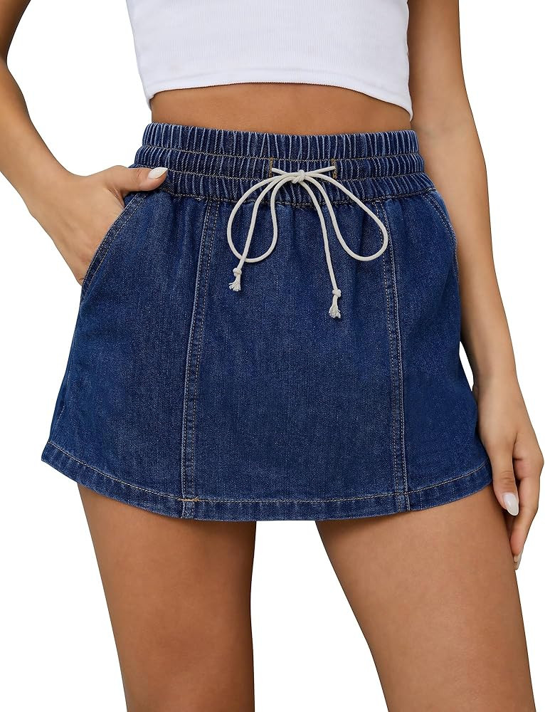 Denim Mini Skirt Women Elastic High Waisted Shorts Drawstring Jean Skort Dressy Casual Y2k with P... | Amazon (US)