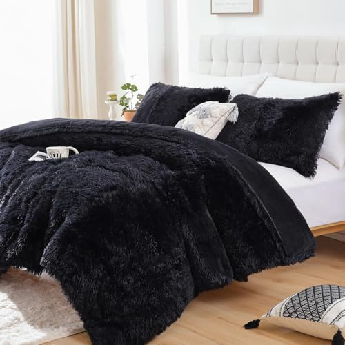 Smoofy Fluffy Full Size Comforter Set, Faux Fur Black Comforter Set, Luxury Fuzzy Bedding Set, Soft Shaggy Full Bed Set for All Season, 3 Pieces - 1 Comforter & 2 Pillowcases | Amazon (US)