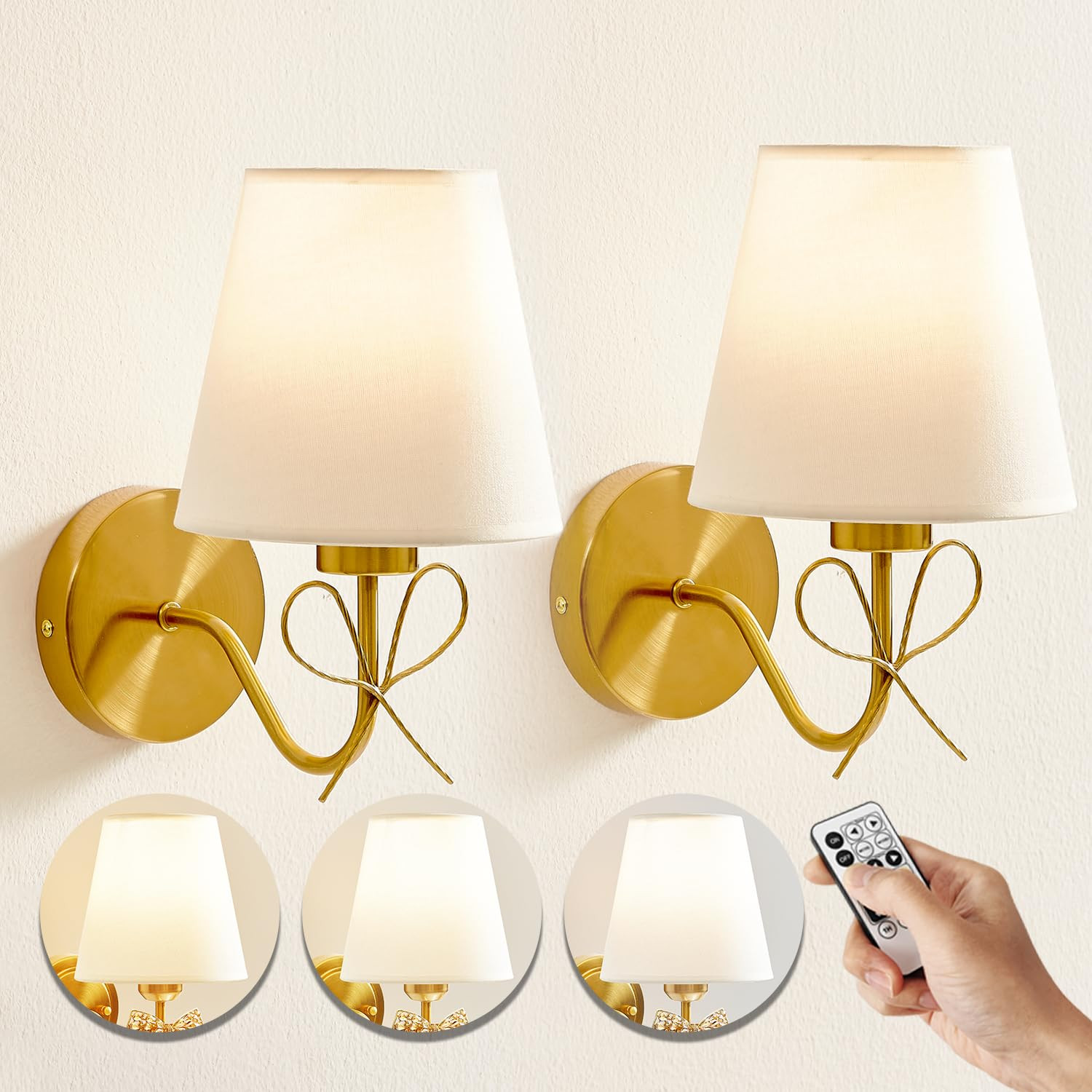 Battery Operated Wall Sconces Lights Set of Two Remote Control, Antique Brass Bow Sconces Recharg... | Amazon (US)