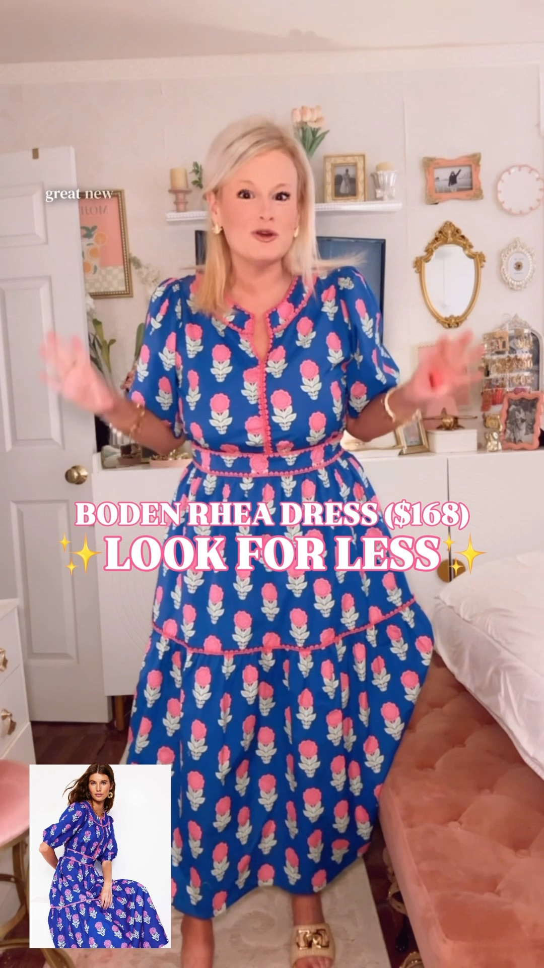 Boden Rhea dress look for less | Amazon floral midi dress | blue and pink dress | summer event dress | vacation dress

This Amazon floral midi dress gives the $168 Boden Rhea Embroidered Midi Dress look for less. 

The silhouette is a dead ringer, and the blue-and-pink print gives the same Boden Gallery Blue Dahlia Spring energy. The saturated blue base, pink floral print, puff sleeves, split neckline, contrast pink trim, defined waist, tiered midi skirt, and pockets make it feel cheerful, polished, and nails the Boden look. 

I’m in a medium. True to size.

It is 100% cotton, machine washable, and pull-on, which makes it easy to actually wear. The pink trim at the neckline, waist, and tier seams is the detail that makes the whole dress feel finished. 

This is the dress you pull for brunch, church, baby showers, bridal showers, garden parties, graduation events, vacation dinners, resort lunches, beach town shopping, family photos, girls trips, teacher outfits, summer parties, and warm-weather weekends. 

If you love Boden dresses, the Boden Rhea Dress, blue and pink dresses, colorful midi dresses, puff sleeve dresses, tiered midi dresses, floral dresses with pockets, Amazon dress finds, summer event dresses, vacation dresses, and designer looks for less, this is the Amazon dress you grab before everyone else realizes it exists.

Boden Rhea dress look for less, Boden Rhea Embroidered Midi Dress look for less, Boden Gallery Blue Dahlia Sprig look for less, Boden inspired dress, Amazon floral midi dress, blue and pink dress, floral midi dress, puff sleeve dress, split neck dress, tiered midi dress, dress with pockets, cotton blend dress, summer event dress, vacation dress, garden party dress, bridal shower dress, baby shower dress, brunch dress, church dress, teacher outfit, designer look for less

#LTKFindsUnder50 #PreppyStyle #LookForLess #BodenStyle #Boden #WorkOutfit #TeacherDress #SummerDress

#LTKWorkwear #LTKWedding #LTKSeasonal