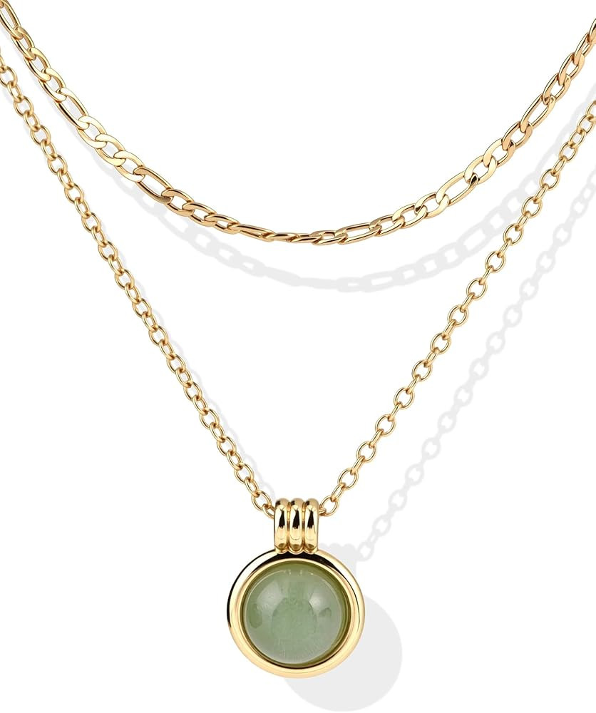 14K Gold Plated Layered Necklaces for Women-Green Jade Pendant Figaro Chain Necklaces Non Tarnish... | Amazon (US)