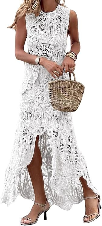 CHARTOU Women Two Pieces Skirt Sets Summer Cut Out Hi-Low Crochet Knit Long Dresses | Amazon (US)